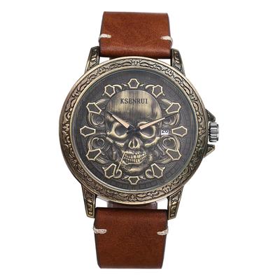 Rock Punk Skull Genuine Leather Skeleton Skull Antique Leather Watch Waterproof Analog Quartz Gothic Accessory Birthday Christmas Day Halloween