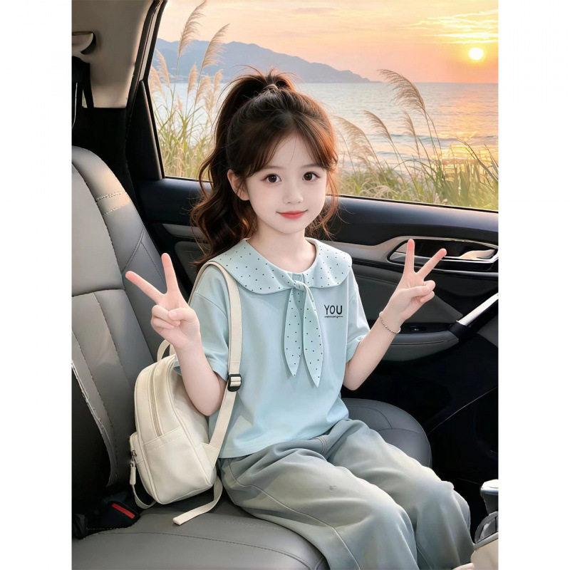 Girls Summer Preppy Peter Pan Collar Short Sleeve T Shirt Casual Cotton Top For Big Kids