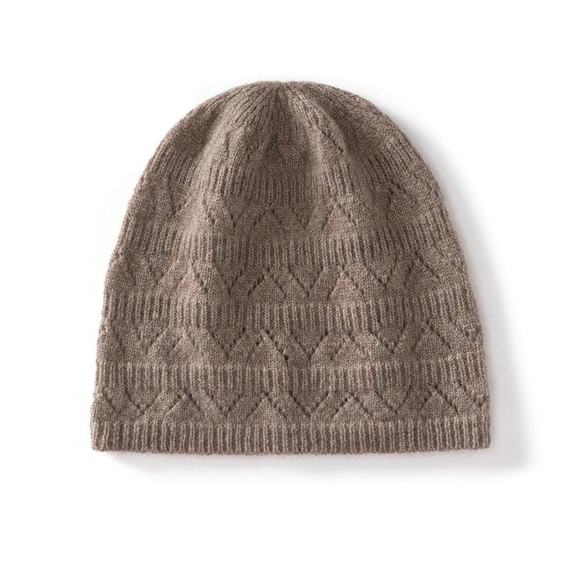 % Cashmere hat women's autumn and winter warm hollowed out big head circumference showing face small confinement bag head wool knitted hat