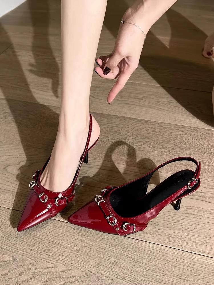 

Black high heels pointed empty single shoes 2025 summer new small belt buckle stiletto sandals versatile skirt 42