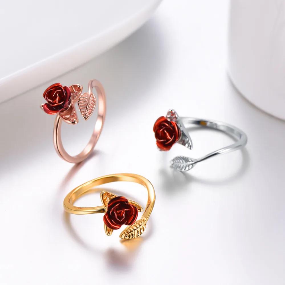 Leaf and Red Rose Flower Open Rings Cuff for Women Flower Charm Adjustable Size Love Romantic Birthday Jewelry GIft for Her