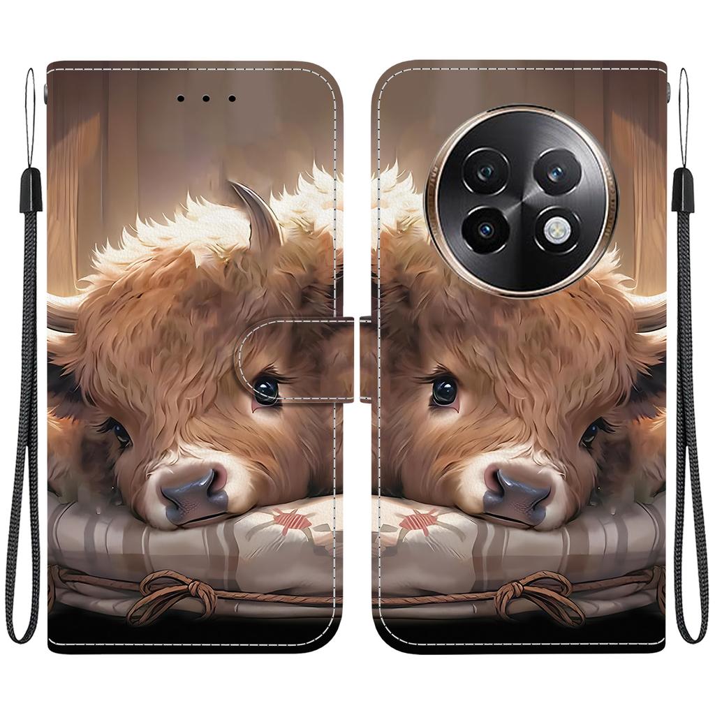 Handmade PU Leather Flip Case for Realme 13+ / Realme 13 Plus Anti-Slip Shockproof Cover with Wrist Strap & Heart/Rose Cat Designs