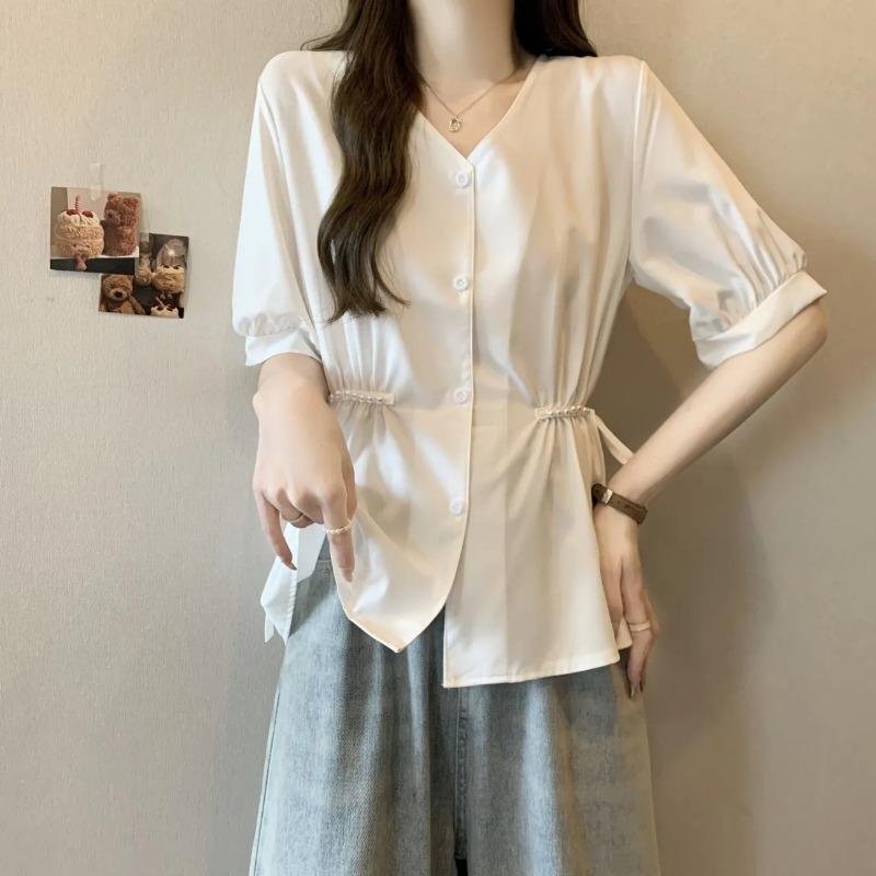 Women s White V Neck Drawstring Waist Puff Short Sleeve Button Blouse M белый