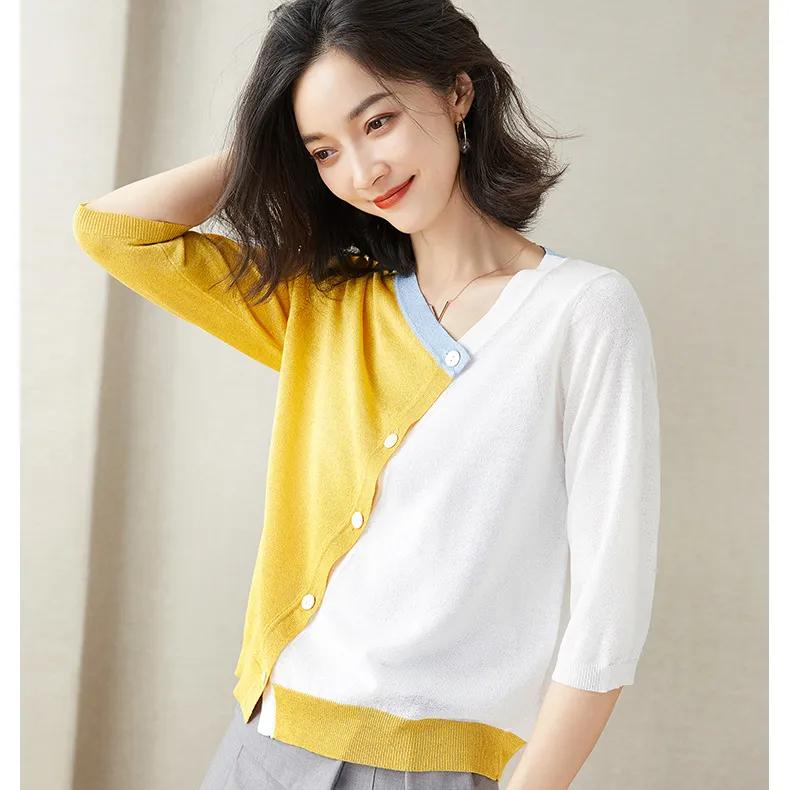 Women's Spring Mid Sleeve Slant Placket Thin Ice Silk Knit Sweater Design Chic Top