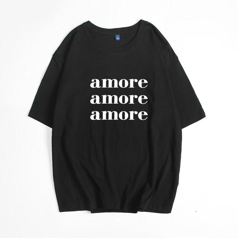 Western Style New Casual Letters Print Cotton T-shirt Top Loose Letter Printed T-shirt Black 2XL