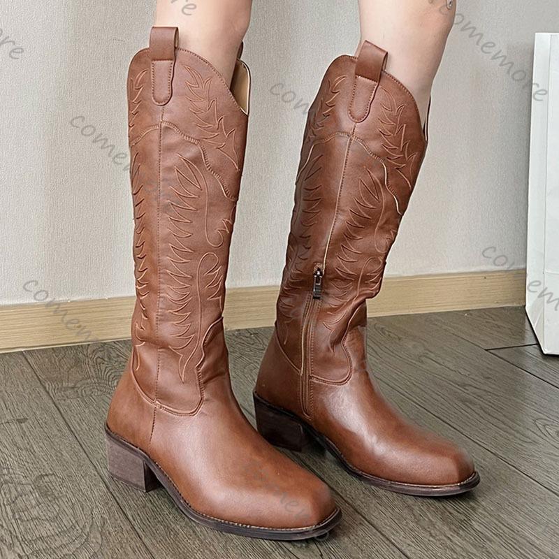 Comemore Women Western Boots Women Autumn Chunky Middle Heels Knee High Cowboy Boot Woman Side Zip Square Toe Brown Long Botas