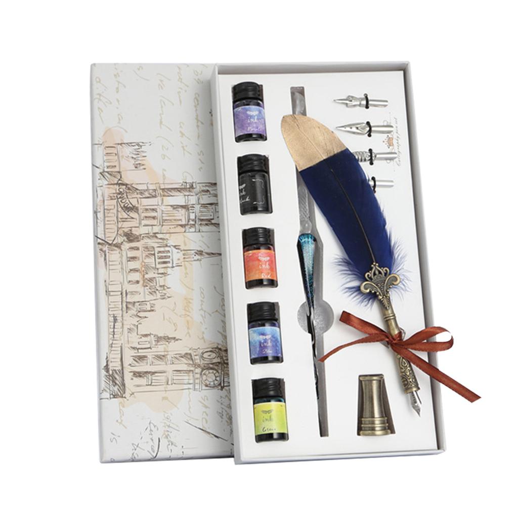 Crystal Dip Pen Feather Set Manual Gradient Color Writing Ink Pen Student Stationery Quill 17ml