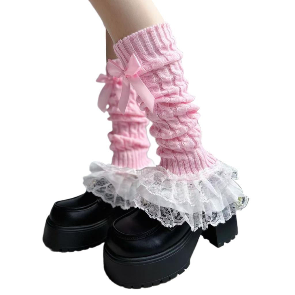 Aesthetic Elegant Layered Ruffle Lace Trim Leg Warmer for Women Cable Knit Leg Sleeve Covers Footless Socks with Bowknot