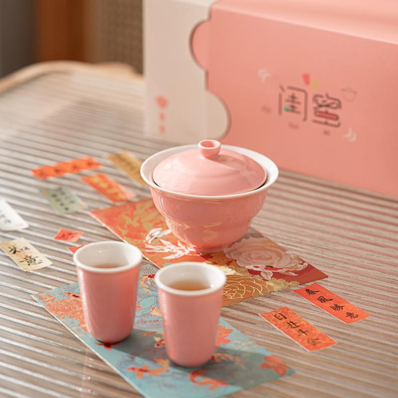 Simple Ceramic Kung Fu Tea Set One Pot and Two Cups Pink Ercai Bowl Goddess' Day Souvenirs Matcha Tools Teaware Kitchen Dining