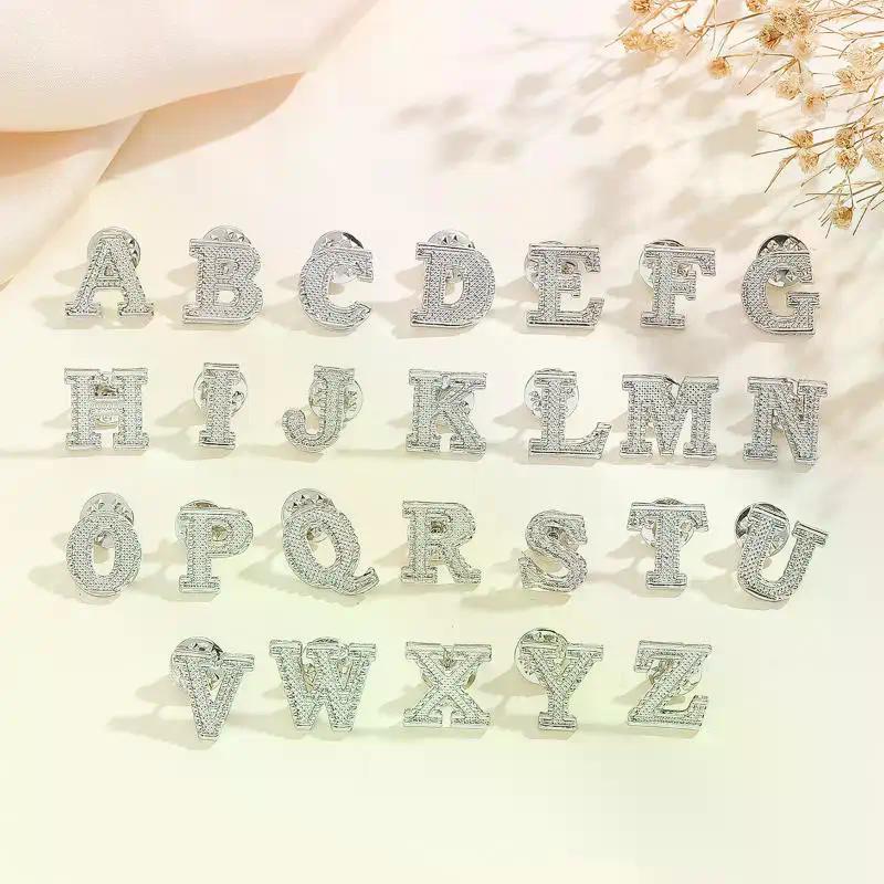 2Pcs Initial A-Z 26 Letters Lapel Pin Silver Tone Metal Alphabet Brooch for Women Men Suit Collar Fashion Accessories