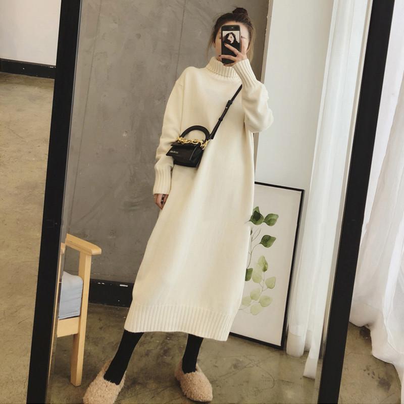 Sweter Jesień i Zima Luźny Pogrubiony Golf z Dółem Spódnica Średniej Długości Sweter Za Kolano