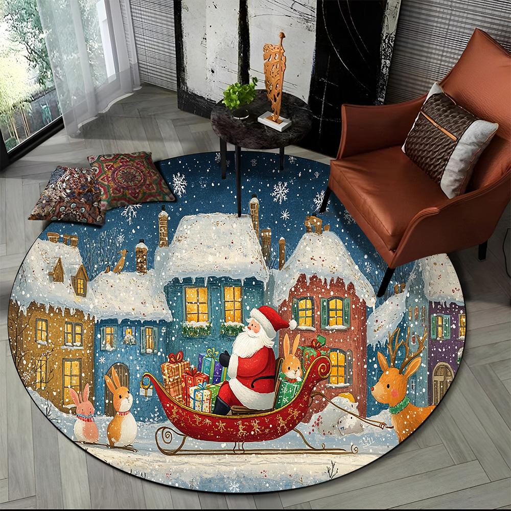 Cartoon Santa Claus Merry Christmas Snowman New Year Round Carpet Rug for Bedroom Living Room Sofa Decoration,Decor Floor Mat