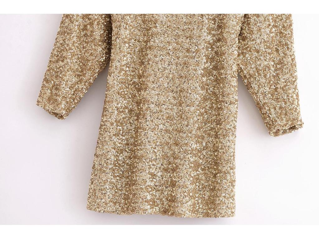 2024 Winter Women's Sequin Embellished Round Neck Long Sleeve Dress - European & American Style