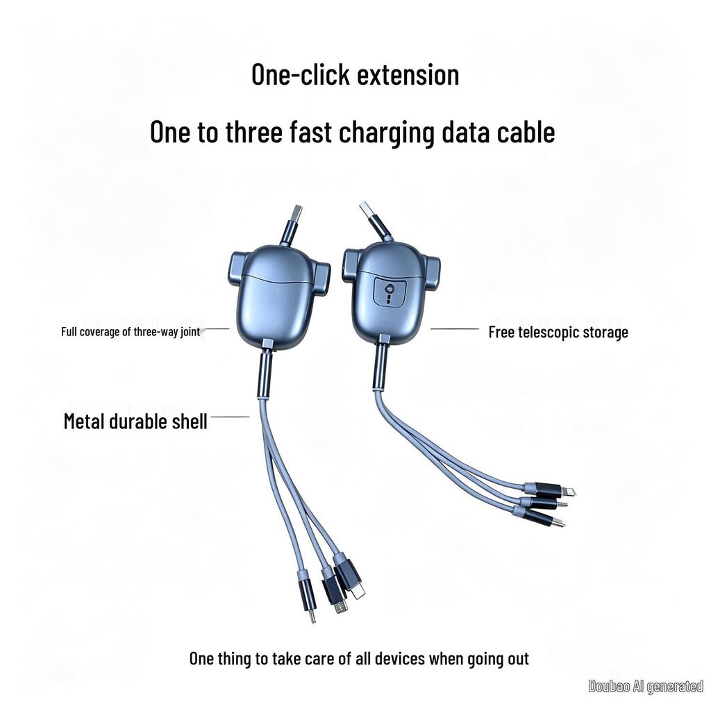 Customizable Mecha-Style Retractable 3-in-1 Fast Charging Cable with Logo Print