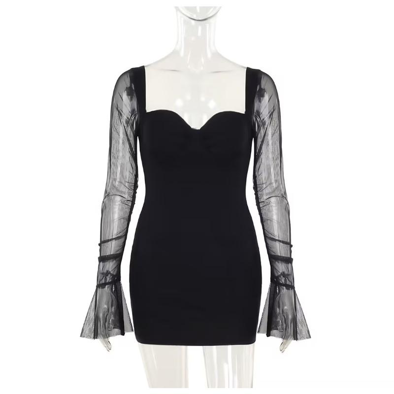 

Осеннее светское качество сексуальное сетчатое сращивание длинный рукав тонкое платье женщина L чёрный