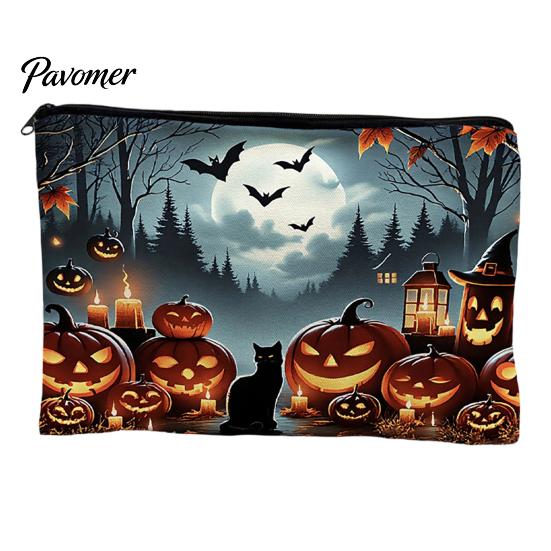 Wear-resistant Storage Bag Bag, with Smooth Zipper, Thickened Polyester Large Capacity Reusable Cosmetic Halloween Witch Pumpkin Pattern Printed Pouch