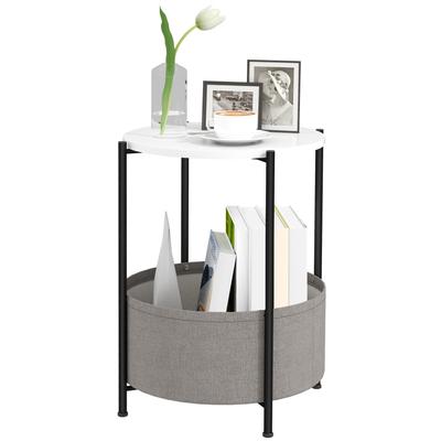 Mesa Auxiliar Redonda con Cesta de Tela, Mesa de Café de 2 Niveles para Sala de Estar, Dormitorio, Espacios Pequeños, Metal, Gris+Blanco