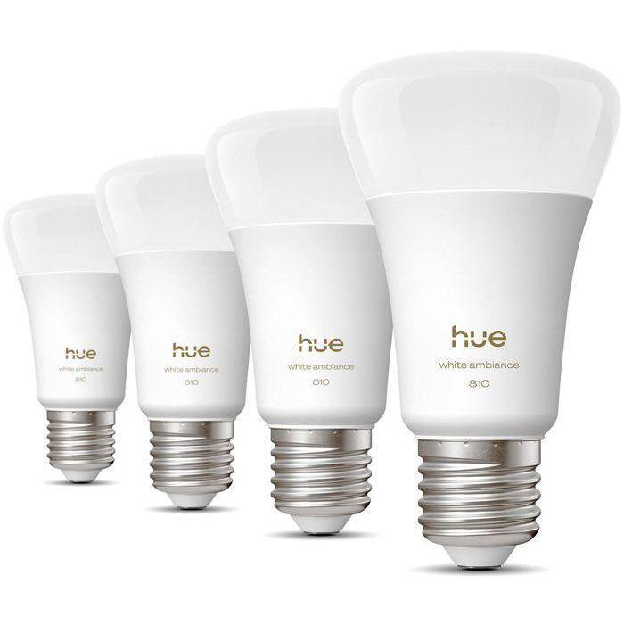 Pack de 4 ampoules LED connectées A60 - PHILIPS HUE - Lumiere blanche chaude - Culot E27 - 6W - 1000-2000k - 810 lumens