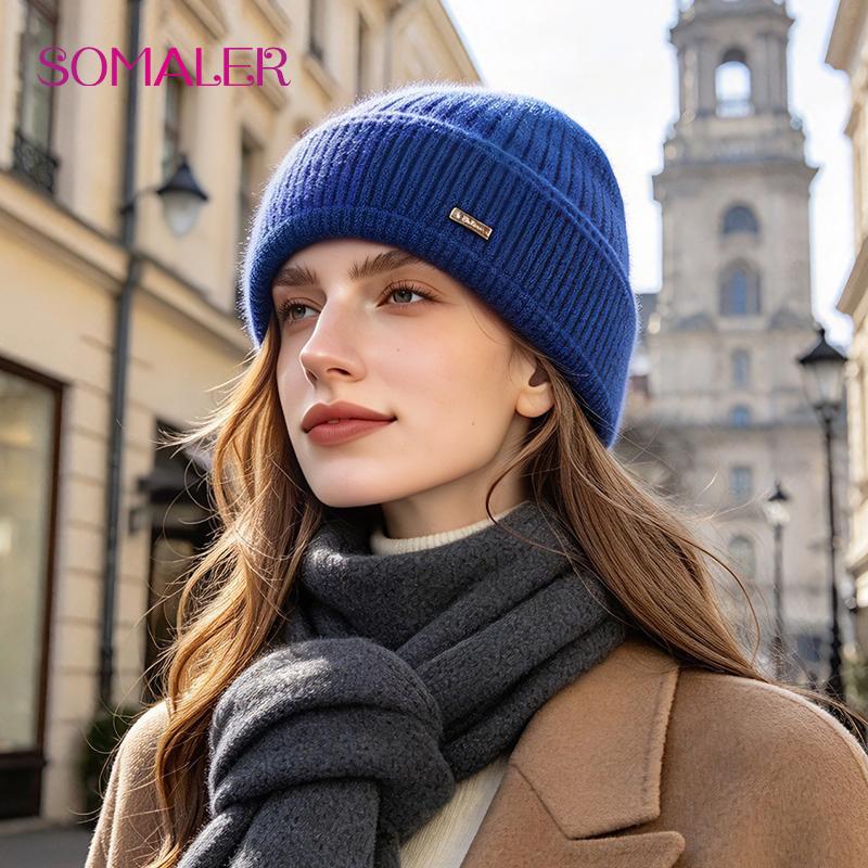 SOMALER Women's Autumn Winter Angora Knit Beanie Hat with Folded Cuff & Metal Badge Fashion Warm Cap 54-58cm