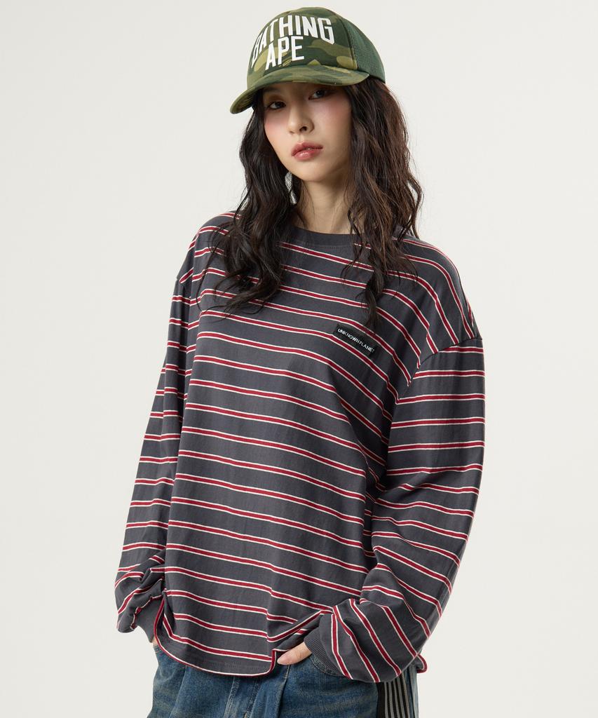 UNKNOWN PLANET Ivy Stripe Round Long Sleeve T-Shirt Gray