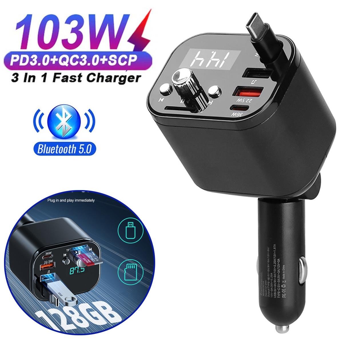 

Адаптер автомобильного зарядного устройства 103 Вт 3 в 1 PD3.0 QC3.0 Выдвижное зарядное устройство для телефона V5.0 Bluetooth Handsfree автомобильный комплект FM-передатчик TF-карта и U-диск музыкальный плеер