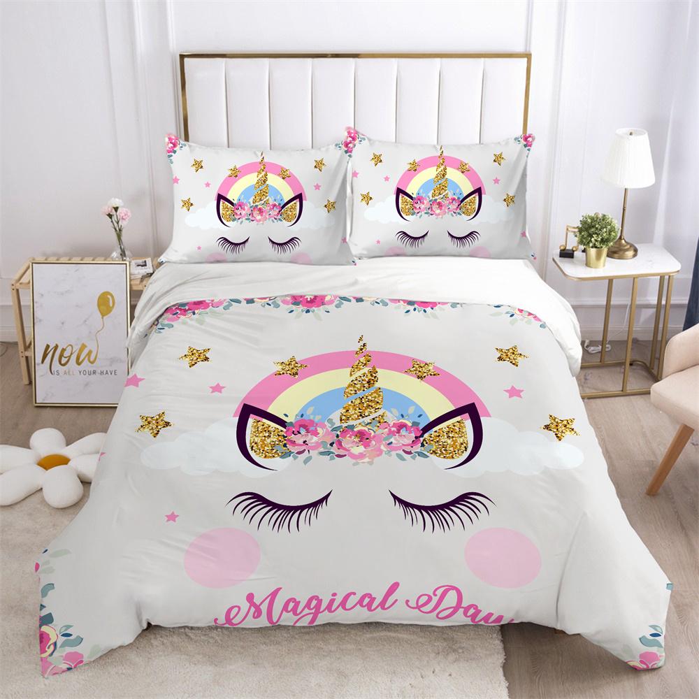 Unicorn Printed Bedding Set King Size Teen Bed Clothes Soft Highend Polyester Fashion Home Bedding Set