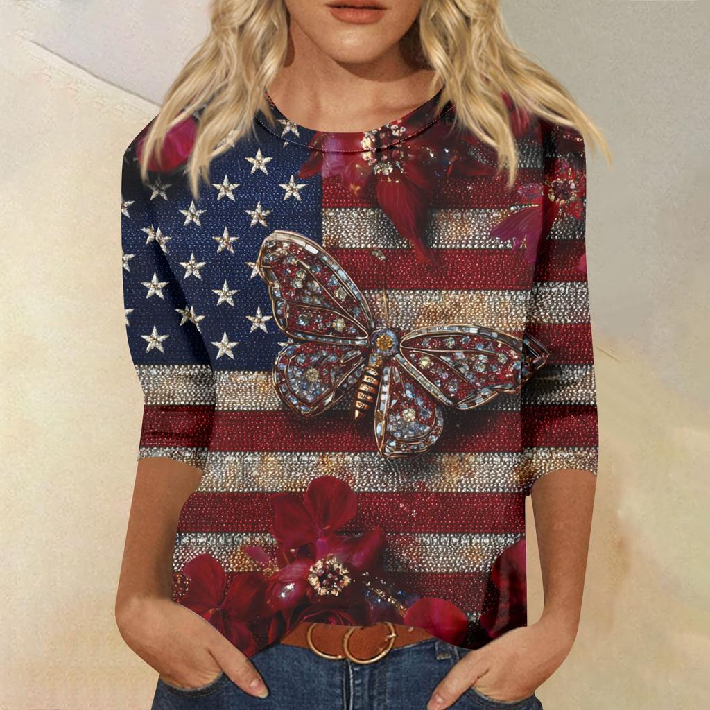 Damenmode Lässiges Oberteil mit Sieben-Viertel-Ärmeln, Unabhängigkeitstag-Print, Rundhalsausschnitt
