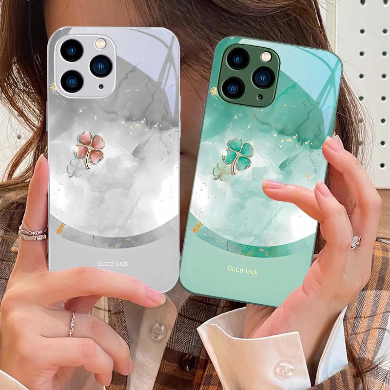 Four Leaf Clover Gradient For IPhone 16 Pro Max 15 Pro 14 13 12 Mini 11 XS Max XR 7 8 Plu SE 2022 Tempered Glass Phone Case