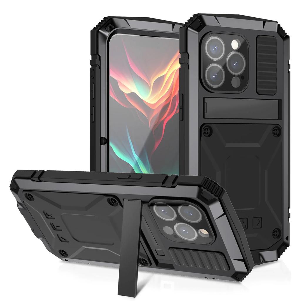 For iPhone 15 Pro Max 15 Plus 15 Shockproof Aluminum Metal Case Heavy Duty Protective Cover Screen Protector Built-in Kickstand