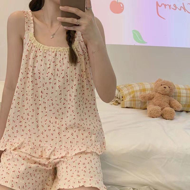 

Женская пижама для дома, женская тонкая безрукавка на подтяжках, весна-лето, корейский цветочный милый комплект пижамы для дома XXL абрикосовый