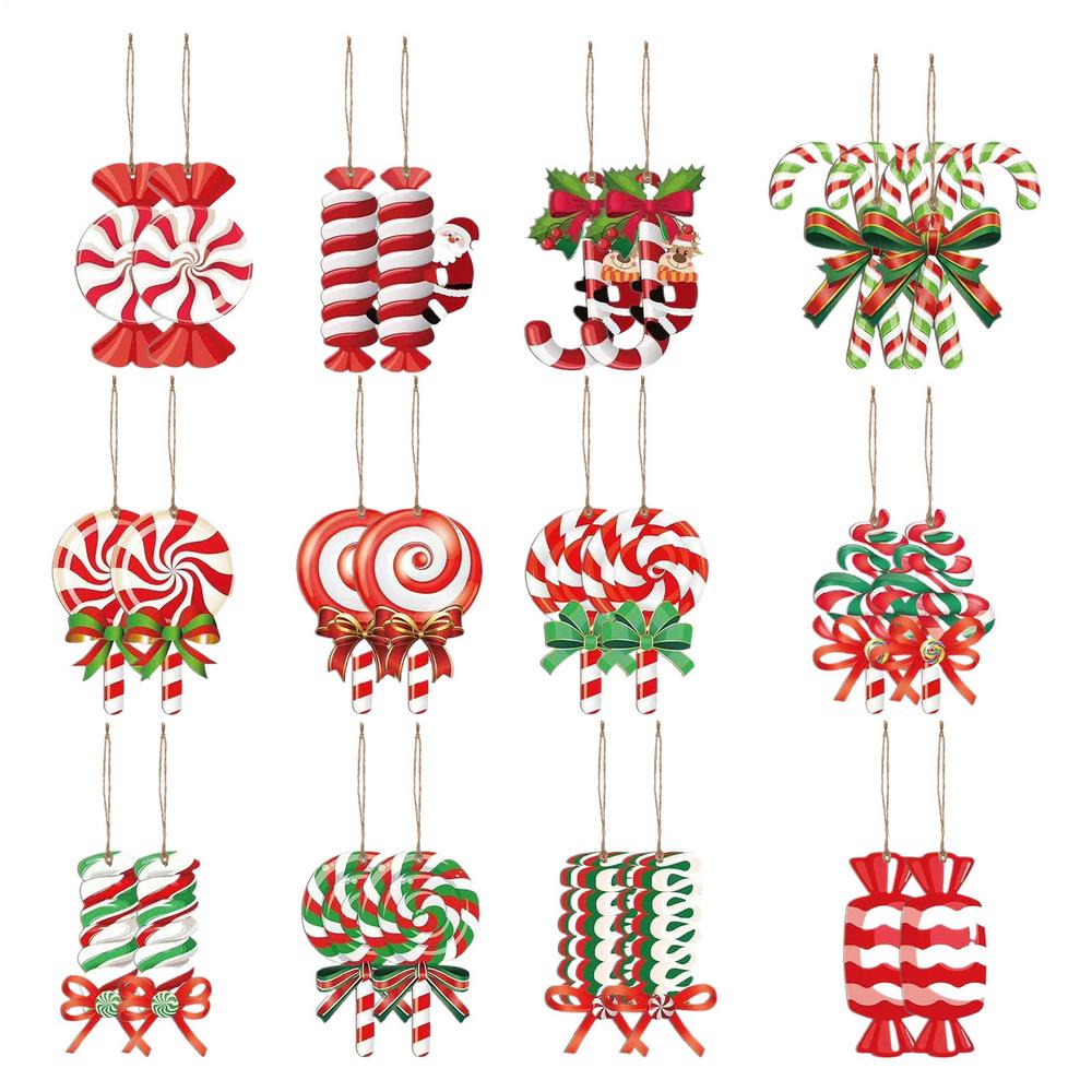

24pcs Christmas Candy Pendant Wooden Lollipop Cane Christmas Tree Decorations Mini Cane Candy Peppermint Candy Ornaments