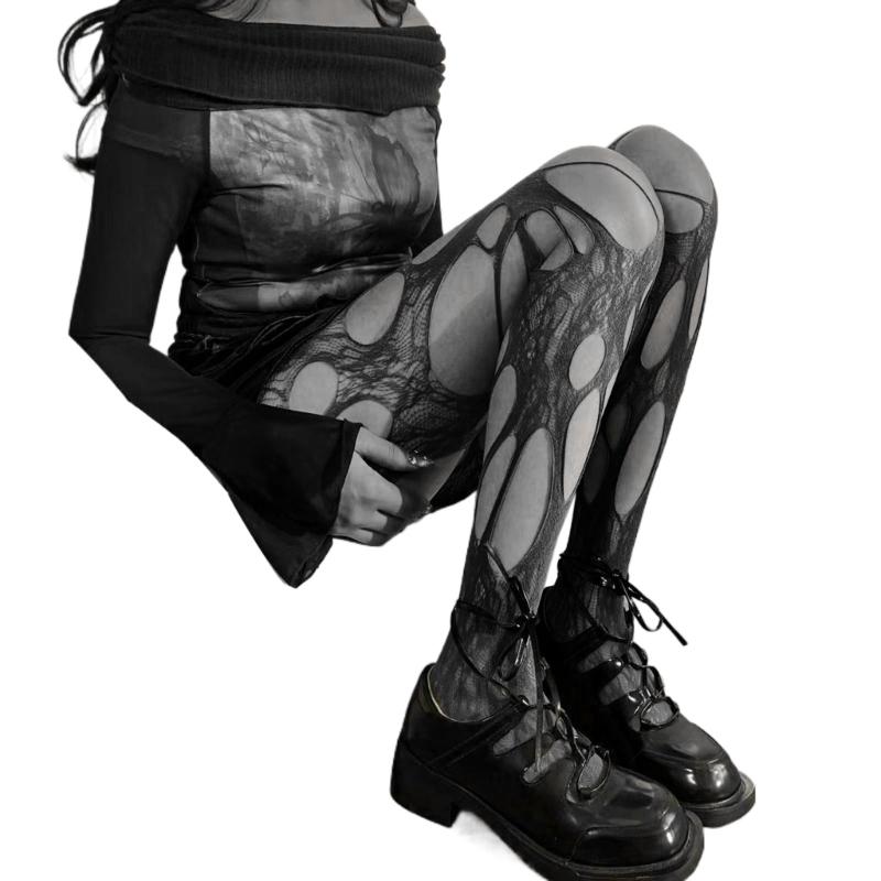 Women Goth Sexy See Through Fishnet Tights Stockings Hollowed Out Irregular Distressed Hole Sheer Mesh Pantyhose