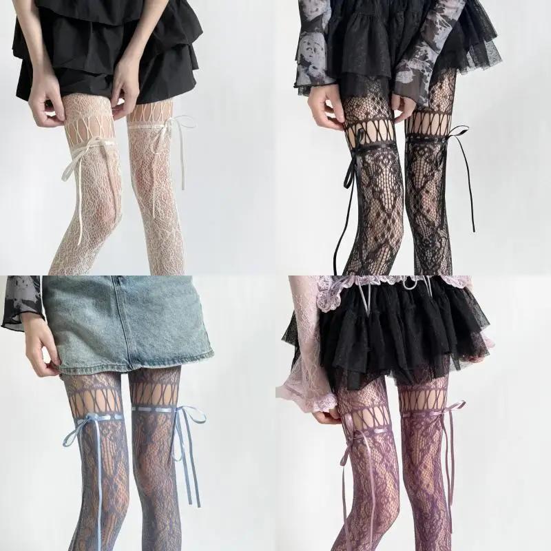 Hollow Lace Mesh Stockings with Bow Tie Pantyhose Lolita Retro Floral Vine White Black Purple Blue Grey Stockings for Women