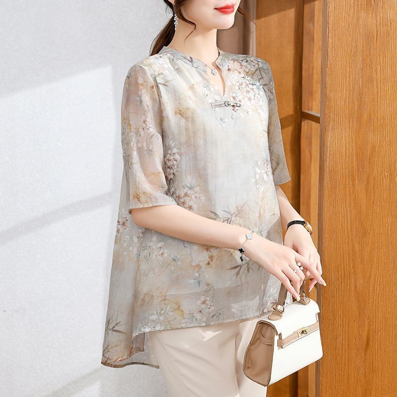 Mom's Summer Outfit, New Short Sleeved Chiffon Shirt,Fashionable Set, Middle-aged and Elderly Women's T-shirt, Upper Garment