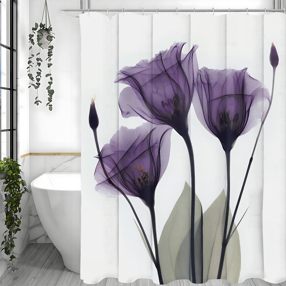 Purple Floral Botanical Green Leaf Shower Curtain, Bathroom Decorative Shower Curtain, Waterproof Shower Curtain with Hooks