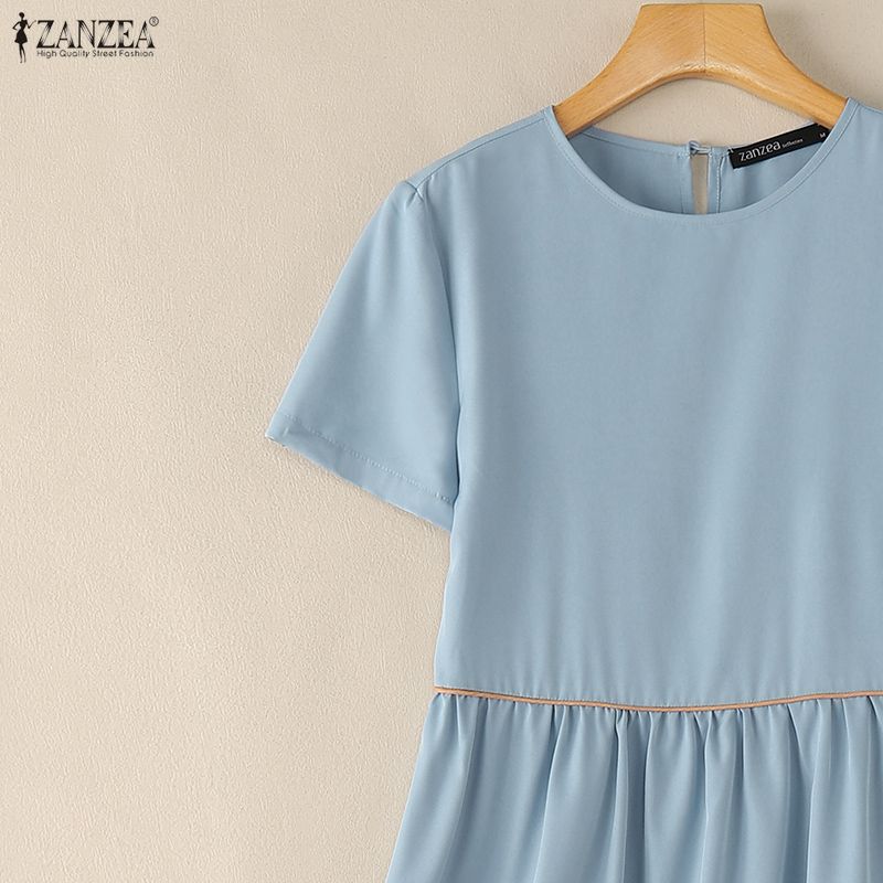 ZANZEA Women Casual Round Neck Loose Short Sleeve Patchwork Dress