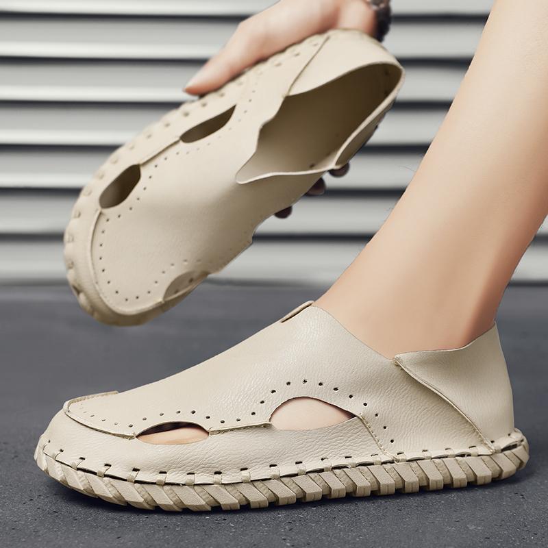 Handmade Genuine Leather Shoes Men Cool Summer Flats Men Breathable Outdoor Walking Shoes Handmade Slip On Male Antiskid Beach