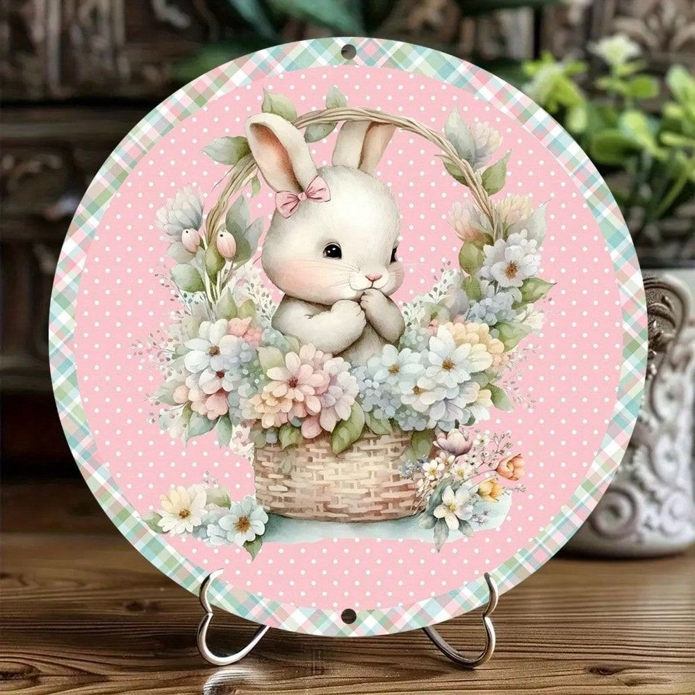 Vintage Metal Wall Art Bunny with Wreath Rustic Home Decor