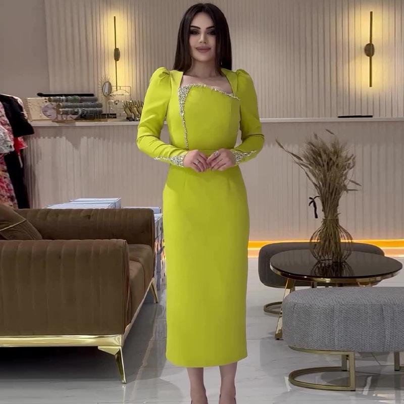 2024 Autumn European & American Luxury Diamond-Embellished Women's Color Square Neck Dress