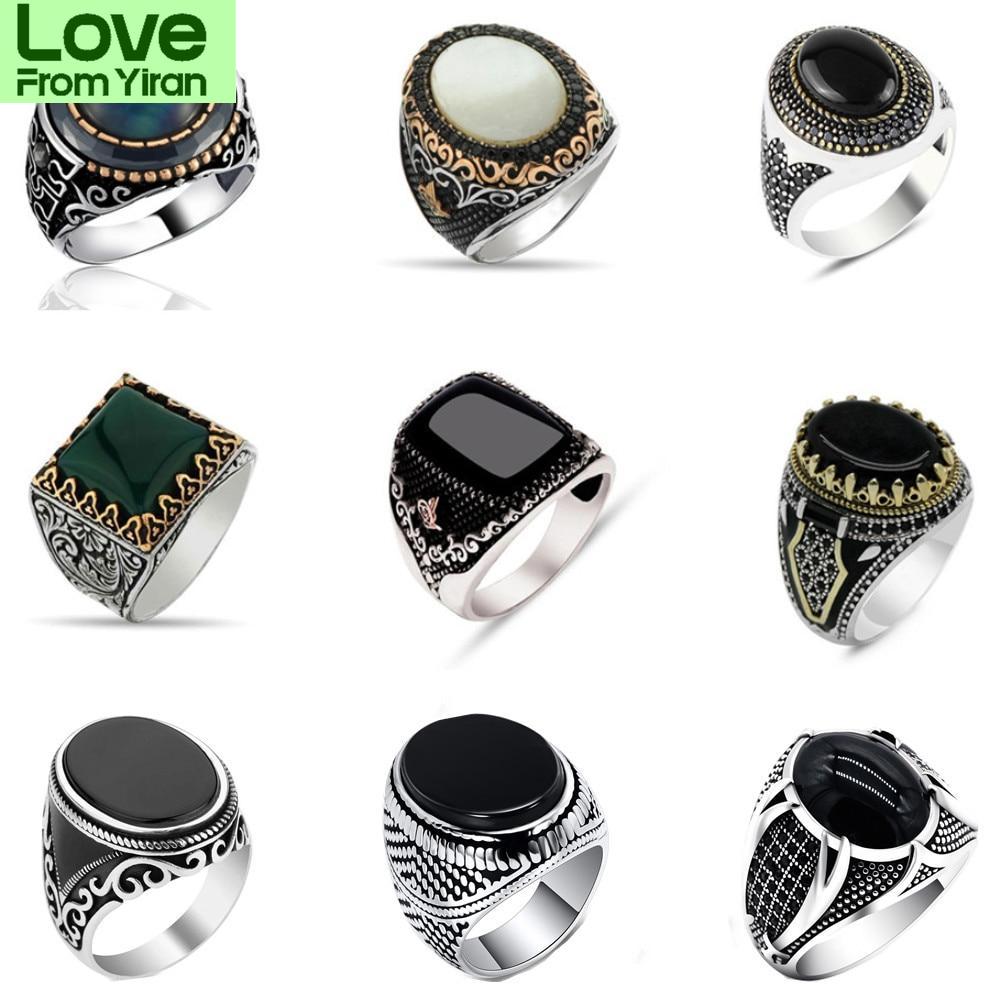 

Винтажное турецкое кольцо-печатка ручной работы для мужчин и женщин, древнее серебро, черный оникс, камень, кольца в стиле панк, религиозные украшения