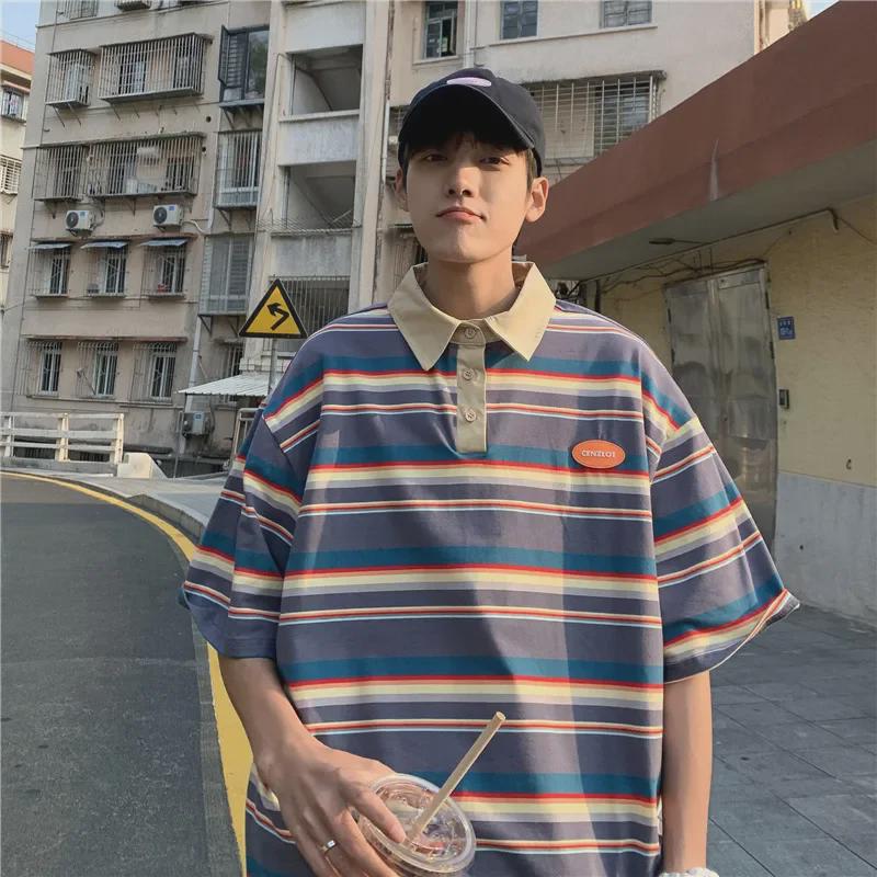 Męska koszulka polo w paski Harajuku - Modna, luźny krój, casualowy styl hip-hopowy