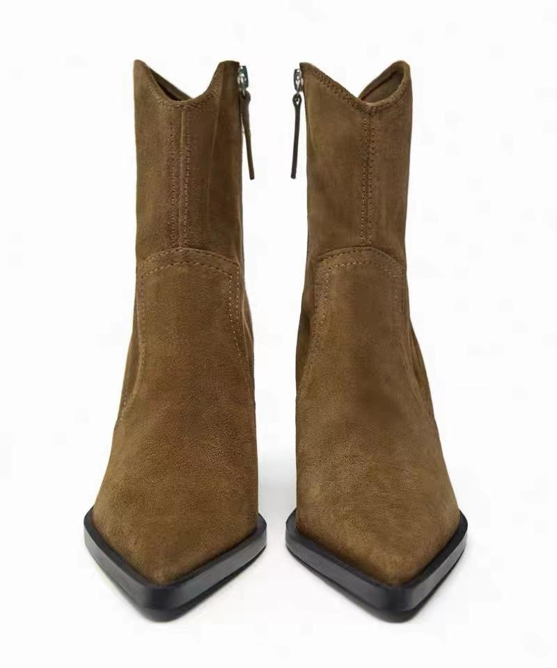 Fashion 2025 Brand Women Warm Winter Boots Women's Mid High-Heeled Pointed Short Knitted Socks Boots Thick Heel Black Booties