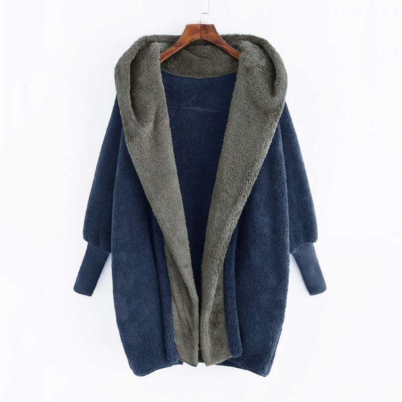 New Women's Color Blocked Double-sided Velvet Hooded Loose Cardigan Jacket