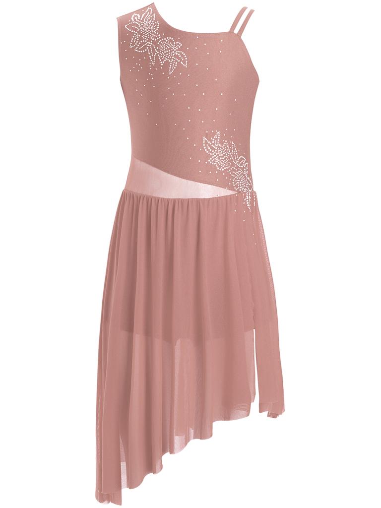 Rochie Dans Liric Fete Fără Mâneci Strălucitoare Strasuri Model Floral Asimetrică Cu Șliț Lateral Rochie de Performanță