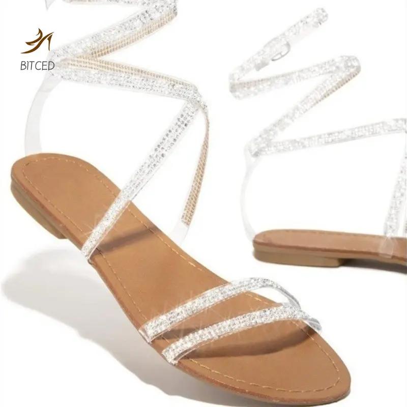 Fashion 2025 Summer New Ankle-wrap Women's Round Toe Sandals Crystal Narrow Band Fashion Plus Size Buckle Strap Low Heel Dress Sandals