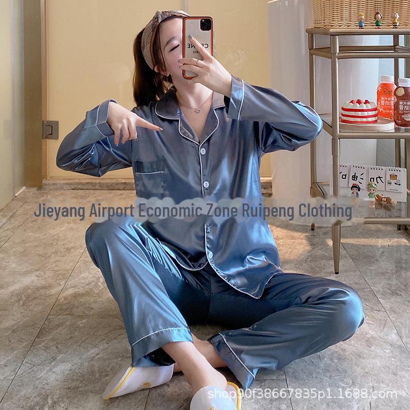 

Женский пижамный комплект из искусственного шелка с длинными рукавами и отворотом, размер плюс 5XL