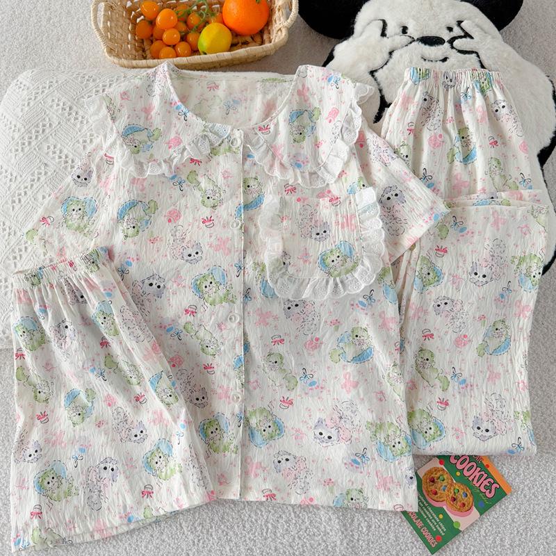 Cute Doll Collar Cartoon Cat Short-Sleeved Pajamas Women'S Summer Cloud Cotton Loungewear Three-Piece Set