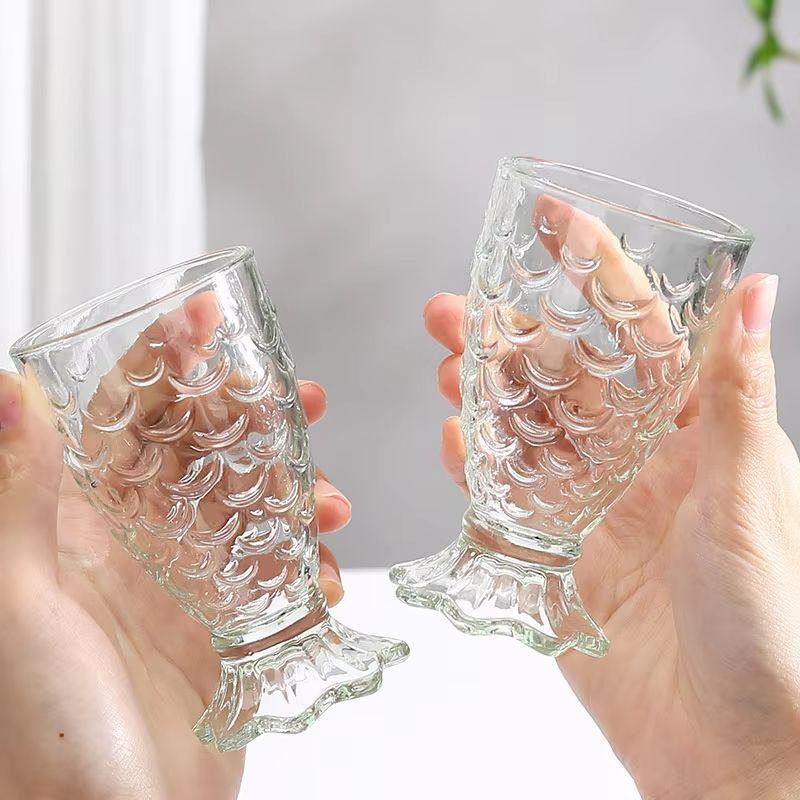180ml Embossed Fish Scale Pattern Cocktail Cup 2pcs Set Mermaid Wine Glass Fish Tail Glass Cup Juice Bubble Water Milk Tea Mugs