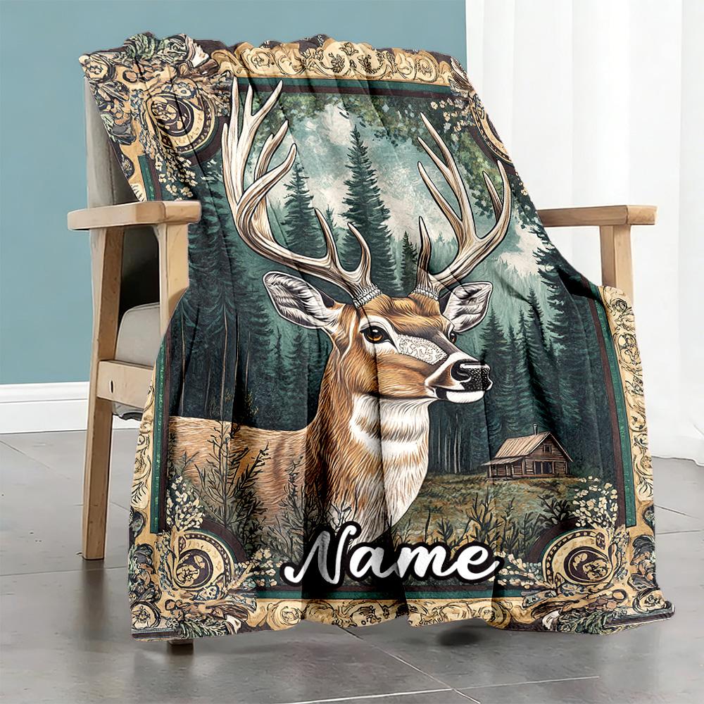 Retro Elk Customize Text Blanket Cozy Customizable Blanket Soft Warm Cozy Perfect for Bedding Seaside Picnics Couch Ideal for All Seasons
