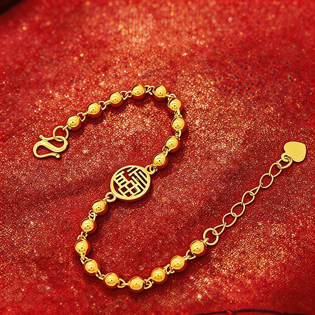 Gold Fu Charm Daily Bead Bracelet for Women, New Style, Simple and Sweet Jewelry, Chinese Style, Elegant Bead Bracelet